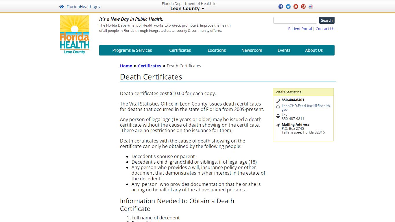 Death Certificates | Florida Department of Health in Leon